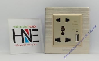 Bộ ổ cắm đa năng và mặt vuông nhôm vàng nguyên khối Edenki Luxury